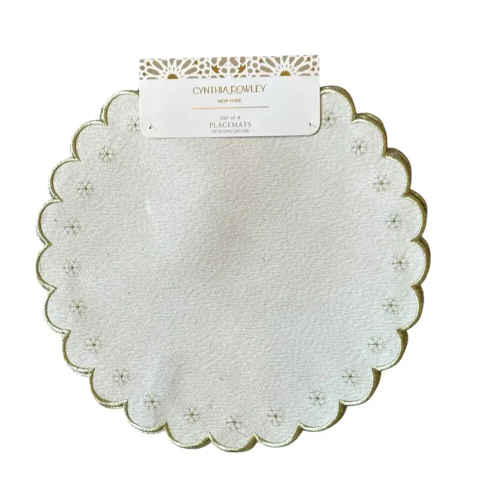 4pc Cynthia Rowley Snowflake Placemats 15in Scalloped Metallic Gold & Cream NEW